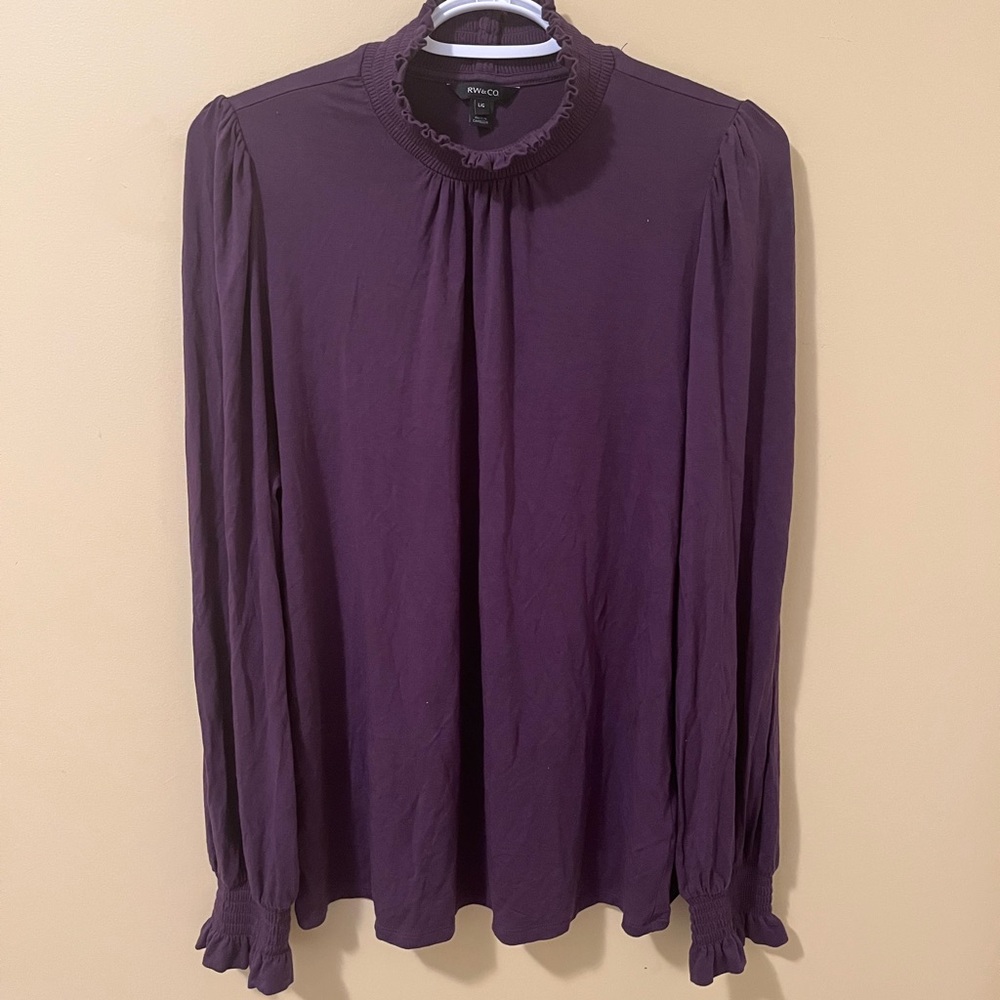 RW&Co Long Sleeve Smocked Neck dark eggplant purple Blouse – shirring